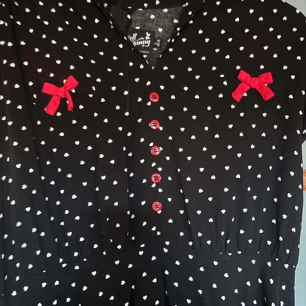 Hell Bunny Black Dress with White Hearts and Red Button - Picture 2 of 3